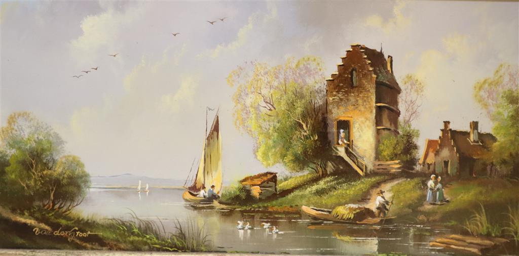 W. E. Van Groot (20th century Dutch School), river scene and companion piece, 14 x 29.5cm